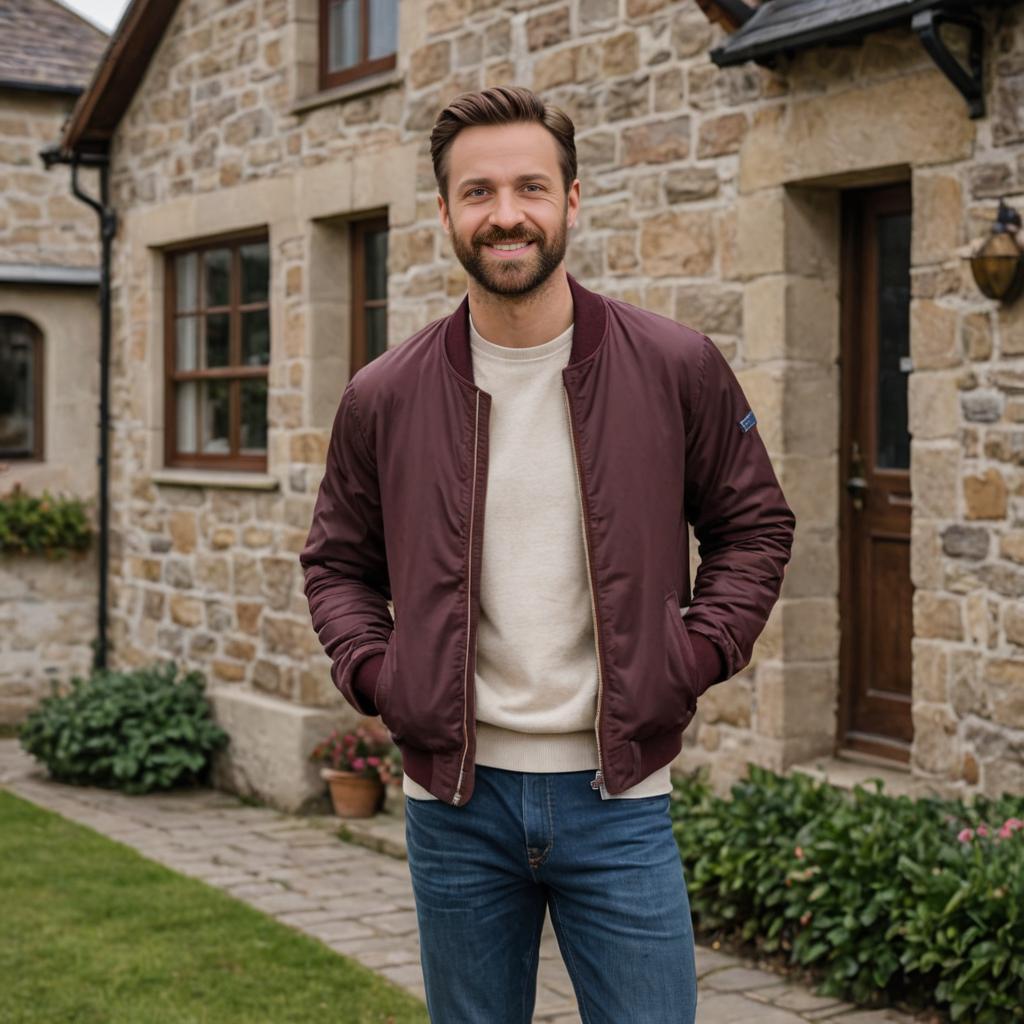 Casually Dressed Man Smiling in Front of Stone House