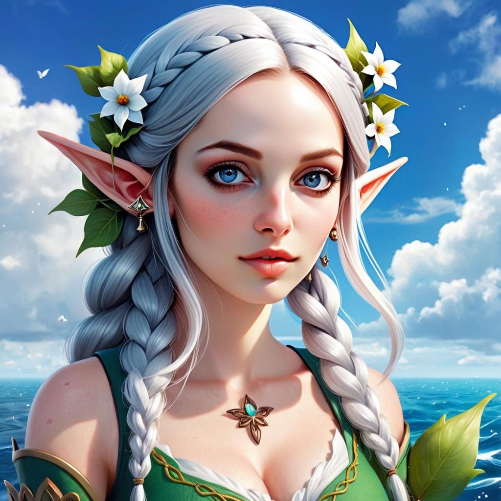 Elven Woman with Blue Eyes in Ocean Setting