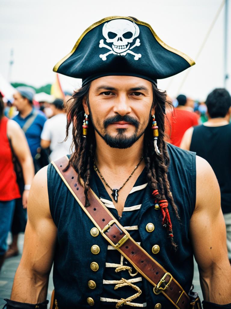 Man in Sleeveless Pirate Costume at Cosplay Festival