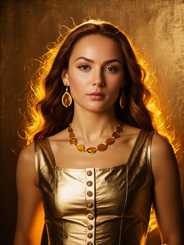 Elegant Woman in Metallic Gold Sleeveless Top with Amber Jewelry