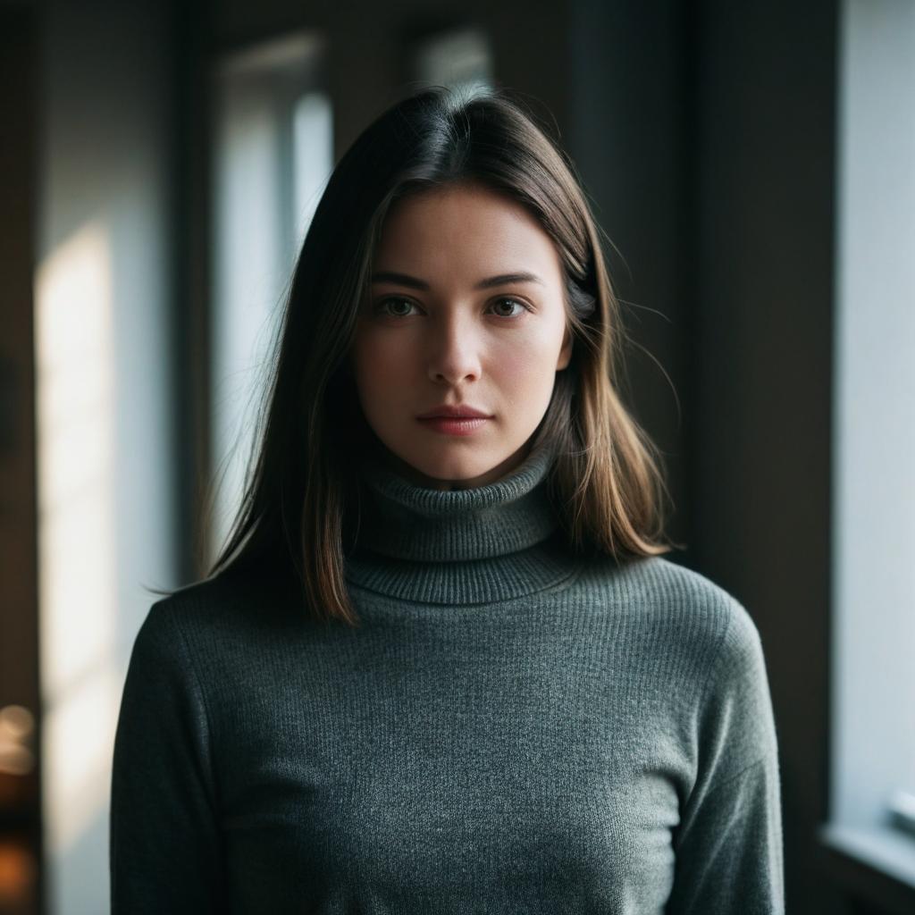 Young Woman in Grey Turtleneck Sweater with Natural Light Portrait