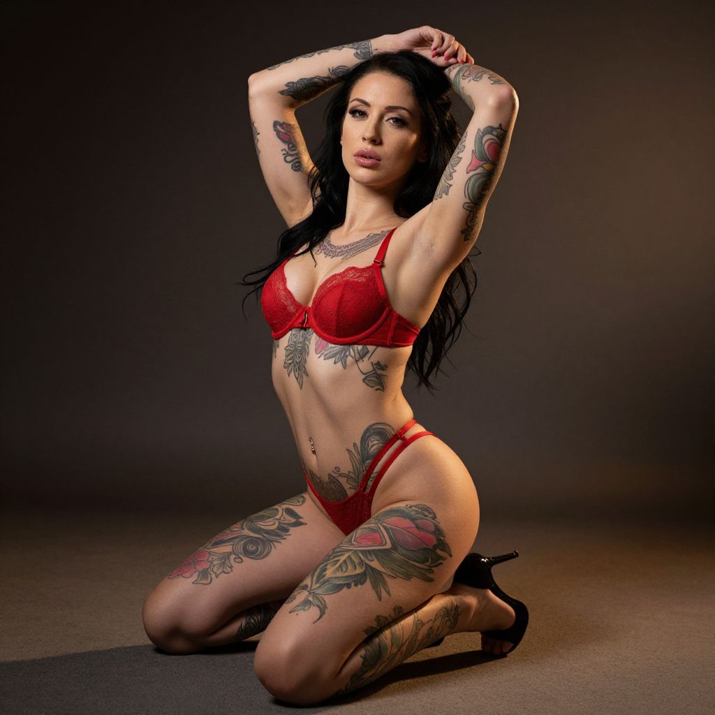 Tattooed Woman Posing in Red Lingerie in Studio