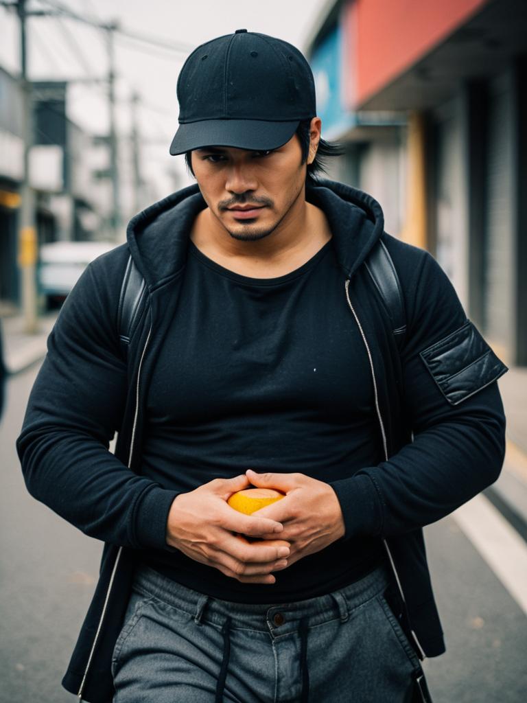 City Street Portrait of Man in Black Cap Holding Orange