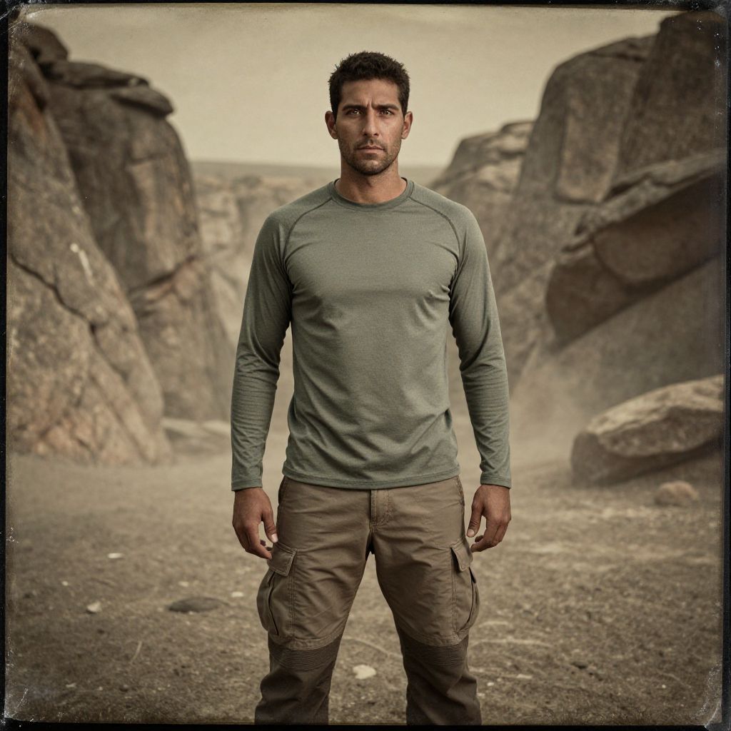 Man in Olive Green Long Sleeve Shirt in Rocky Desert Landscape