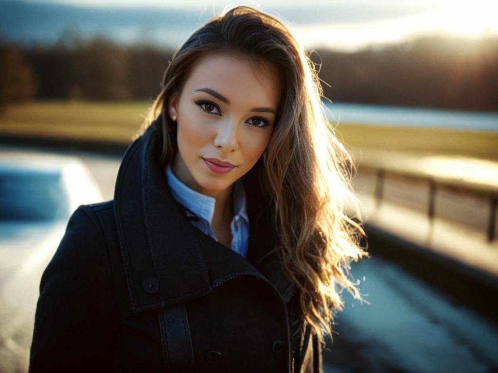 Confident Woman in Dark Coat at Sunset