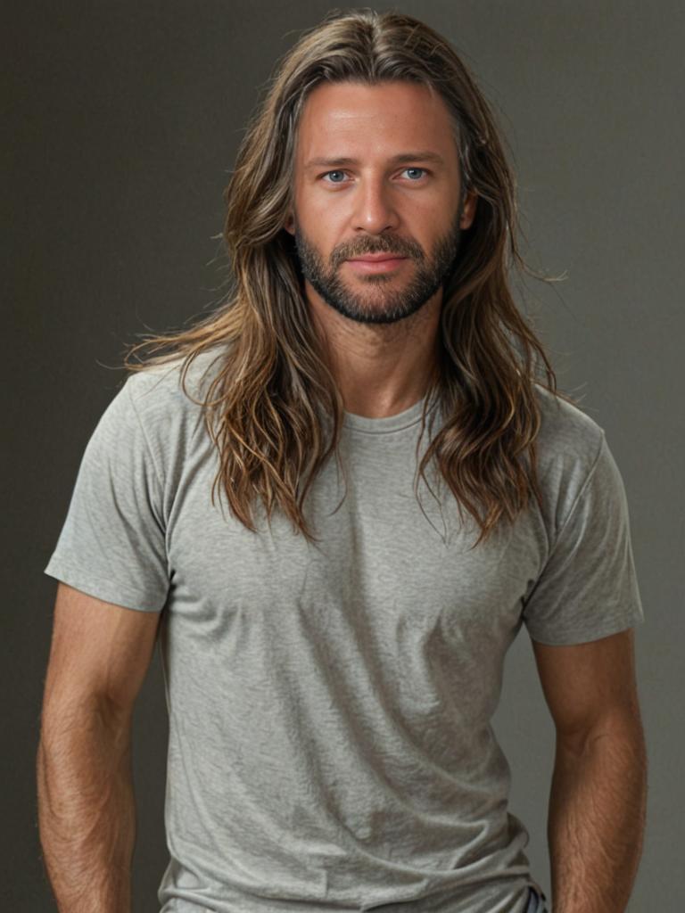 Confident man with long hair and beard in gray t-shirt