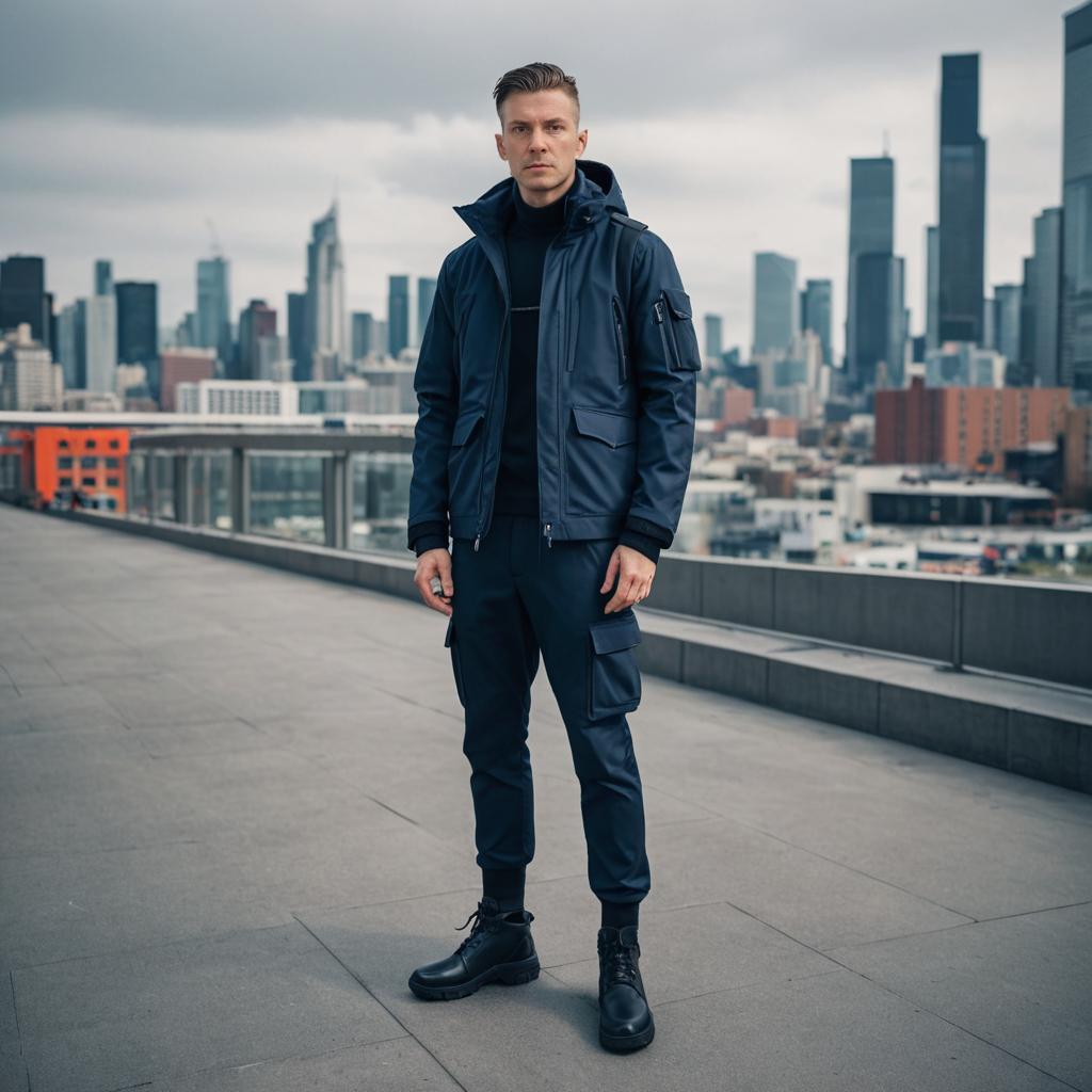 Confident Man on Rooftop with City Skyline