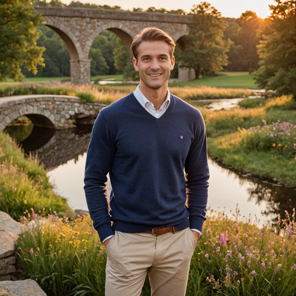 Confident man in blue sweater at sunset with stone bridge