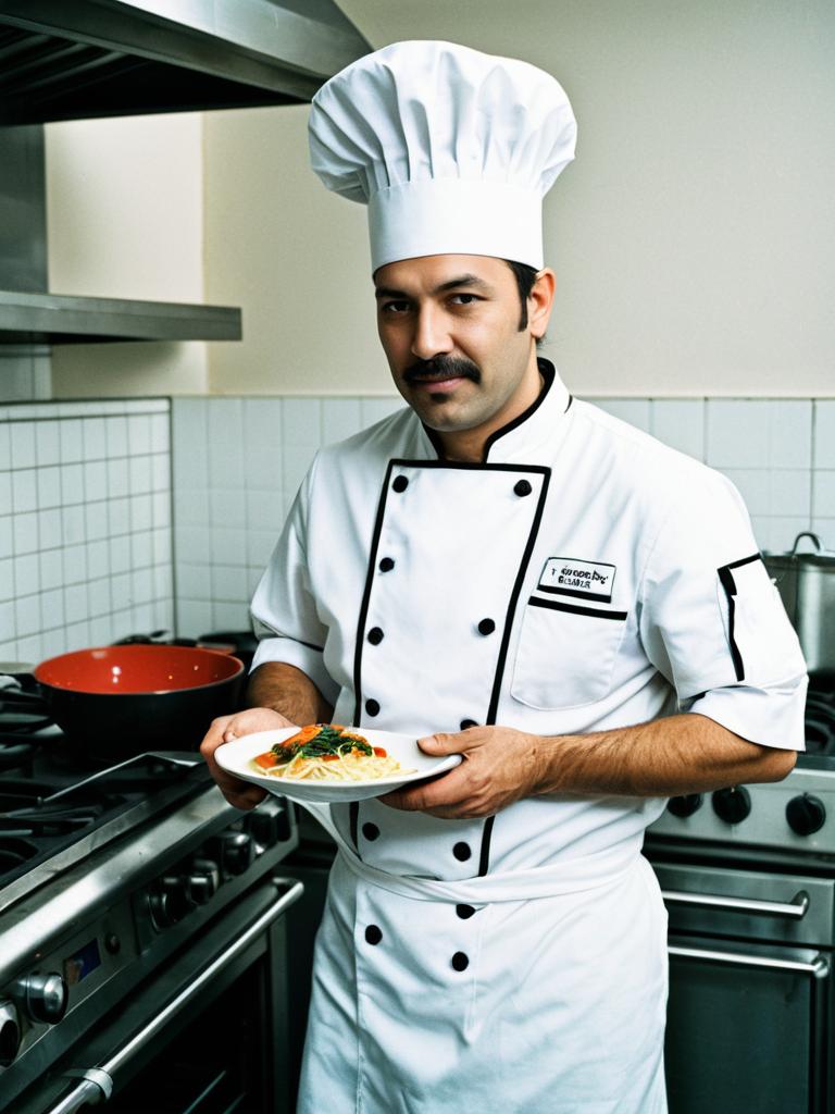 Male Chef in Classic Chef Costume Holding Spaghetti in Professional Kitchen