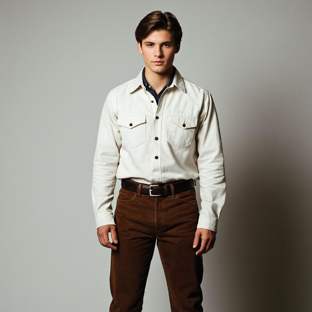 Young Man in Classic Cream Shirt and Brown Pants Standing Against Neutral Background