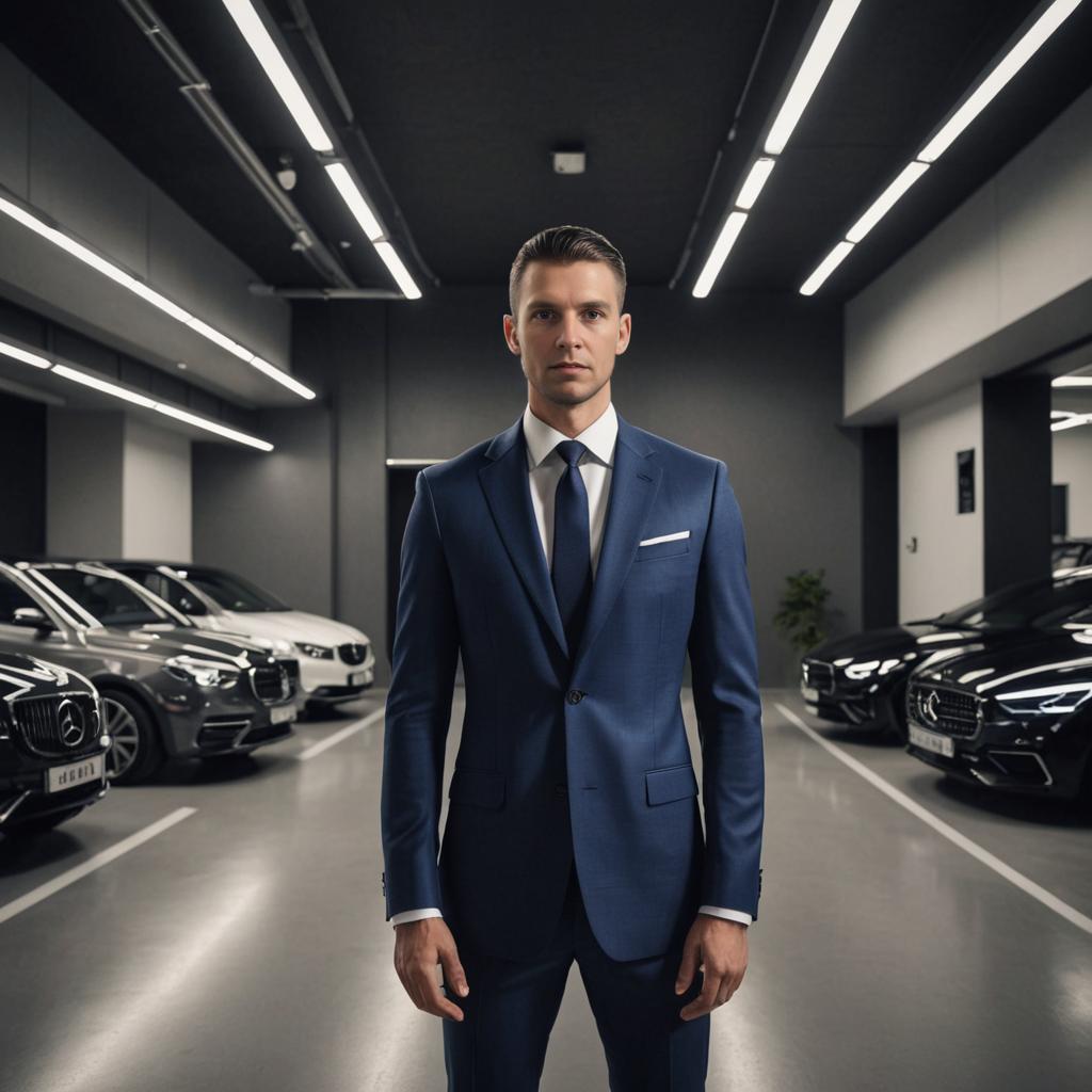 Confident Man in Blue Suit in Modern Garage