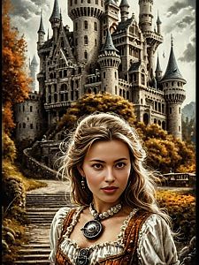Medieval Woman Portrait with Fantasy Castle Background