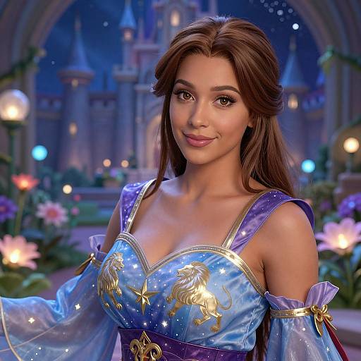 Fantasy Princess in Regal Blue and Purple Costume in Magical Castle Garden