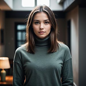 Portrait of Young Woman in Green Turtleneck Sweater Indoors