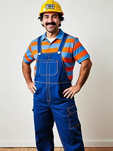 Man in Bob the Builder Costume with Yellow Hard Hat and Striped Shirt
