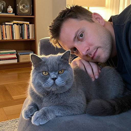 Man with Gray British Shorthair Cat Relaxing at Home