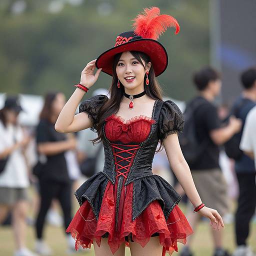 Elegant Woman in Red and Black Victorian Costume with Feathered Hat