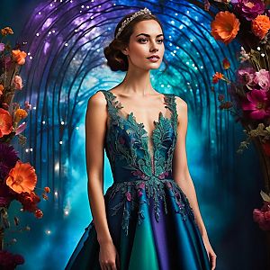 Woman in Elegant Gown in Enchanted Tunnel