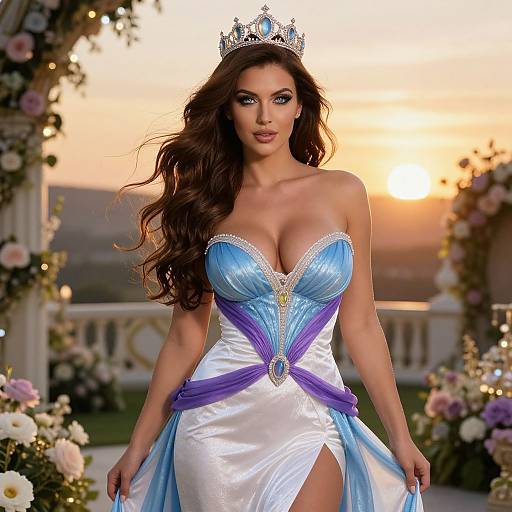 Elegant Woman in Blue and White Gown with Jeweled Crown at Sunset