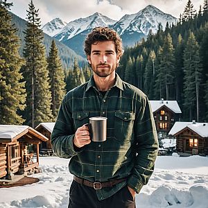 Young Man in Snowy Landscape with Mug
