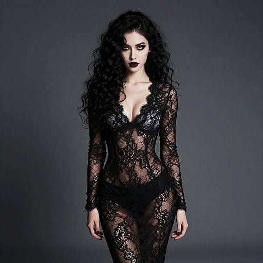 Gothic Style Woman in Black Sheer Lace Dress with Curly Hair