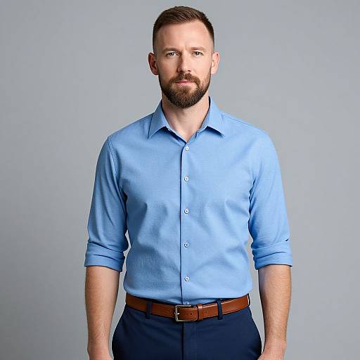 Confident Man in Light Blue Shirt and Rolled-Up Sleeves Portrait