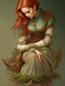 Red-haired Woman in Medieval Attire on Rock