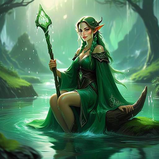 Fantasy Elf Woman with Magical Staff in Mystical Forest Pond