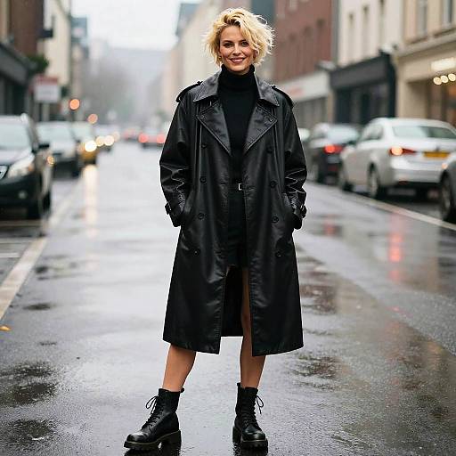 Woman Wearing Black Leather Trench Coat and Combat Boots on Wet City Street