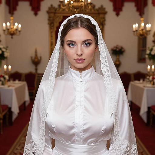 Elegant Bride in Traditional White Gown with Lace Veil in Vintage Setting
