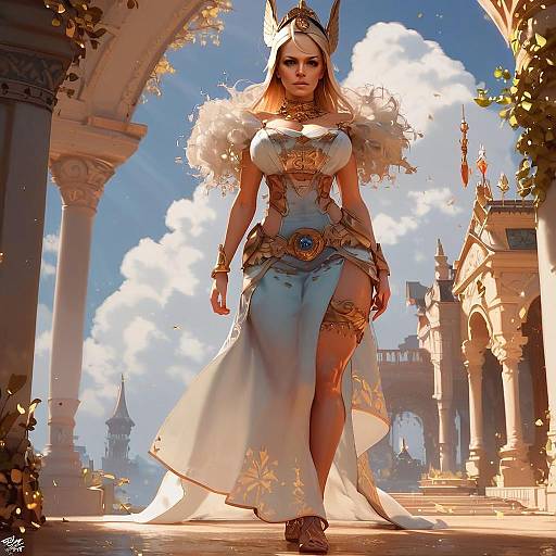 Fantasy Warrior Woman in Elegant Armor Dress Walking Through Majestic Archways