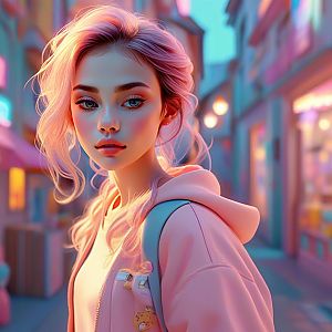 Young Woman with Pink Hair in Urban Dusk Scene