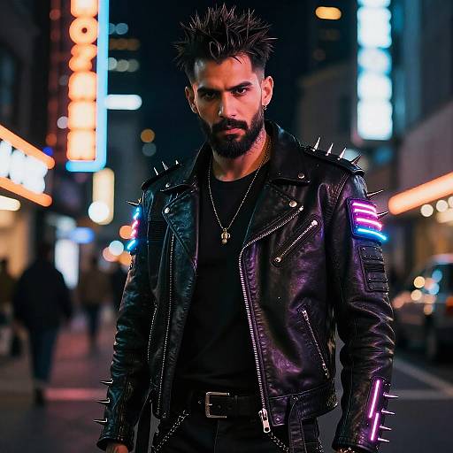 Edgy Gen Z Man in Neon Spiked Leather Jacket on City Night Street