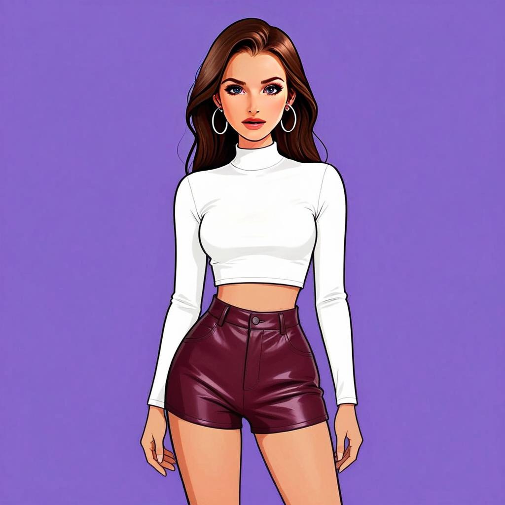 Stylish Woman Wearing Faux Leather High-Waisted Shorts and White Crop Top Illustration