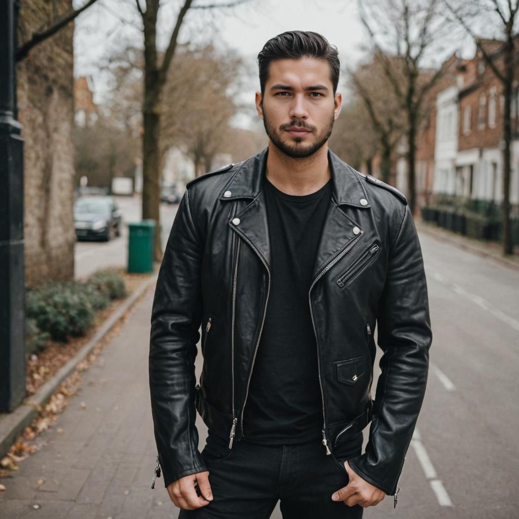 Confident Man in Biker Jacket on Urban Street