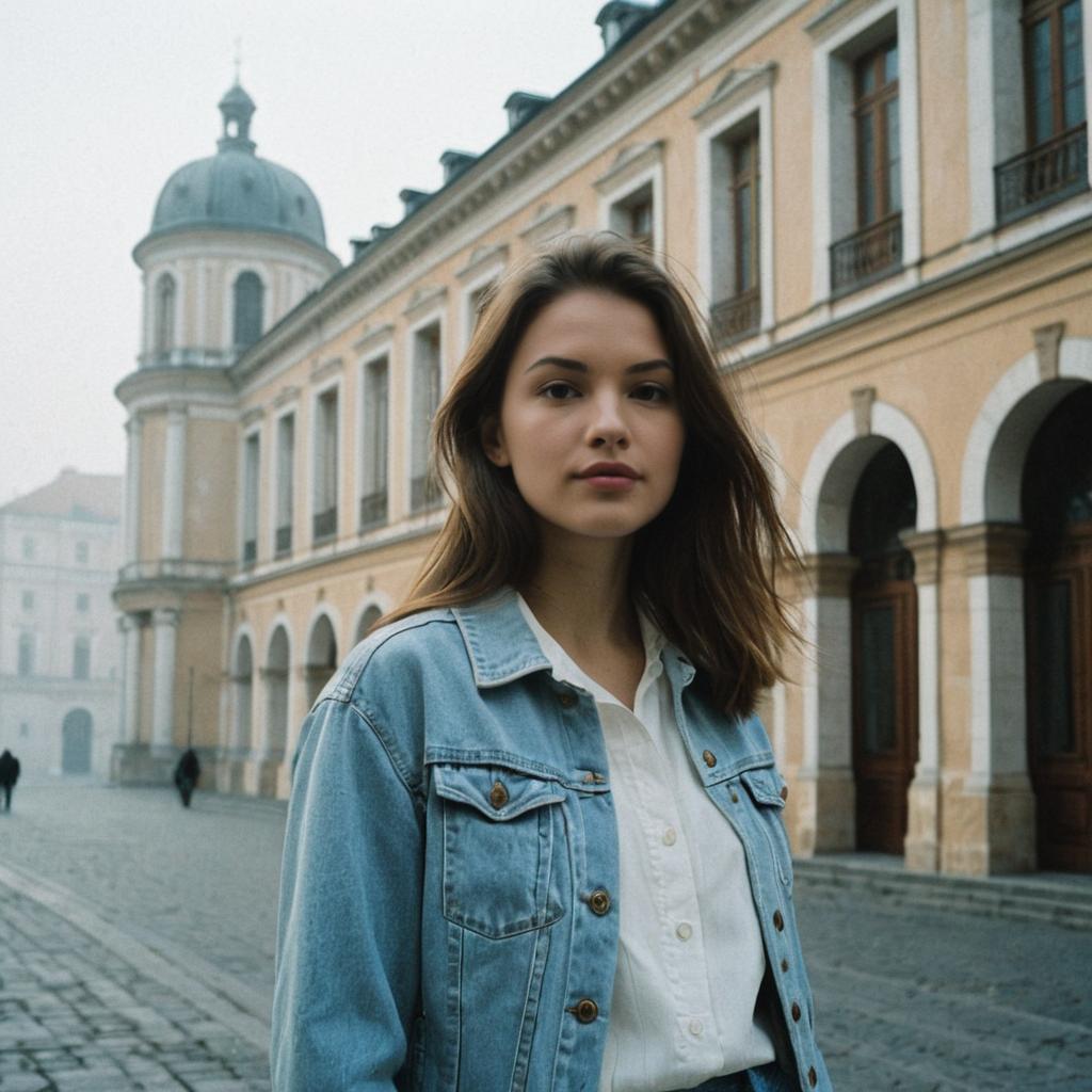 Young Woman in Denim Jacket Outside Historic European Building