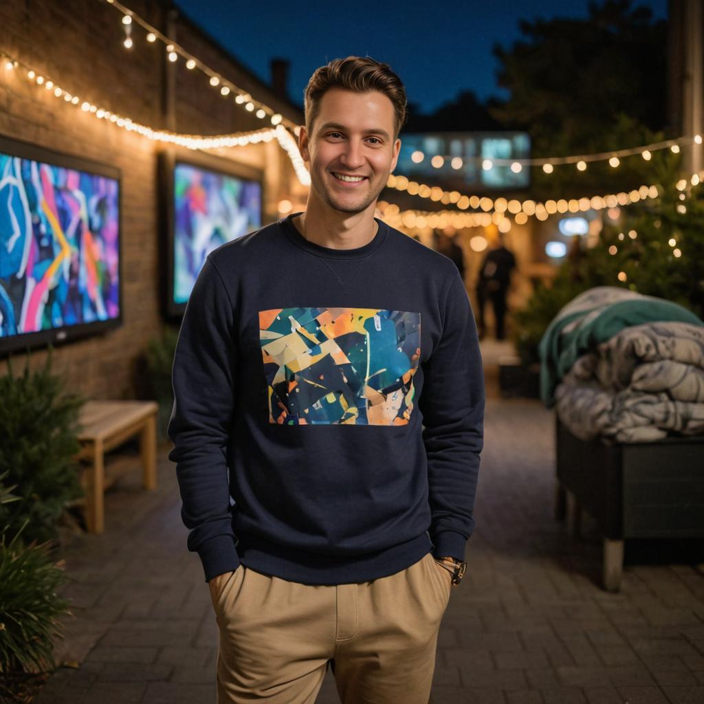 Artistic man smiling in evening setting with string lights