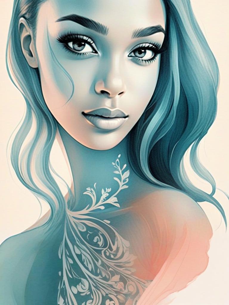 Woman with Flowing Hair and Floral Patterns