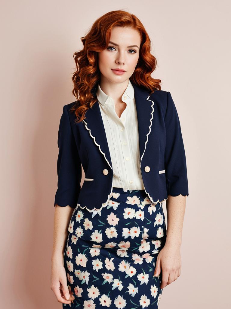 Woman in Navy Blue Scalloped Blazer and Floral Skirt Fashion Portrait