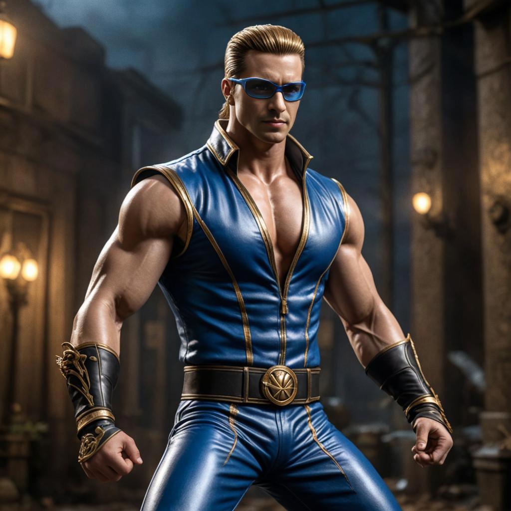 Johnny Cage Cosplayer in Blue Costume