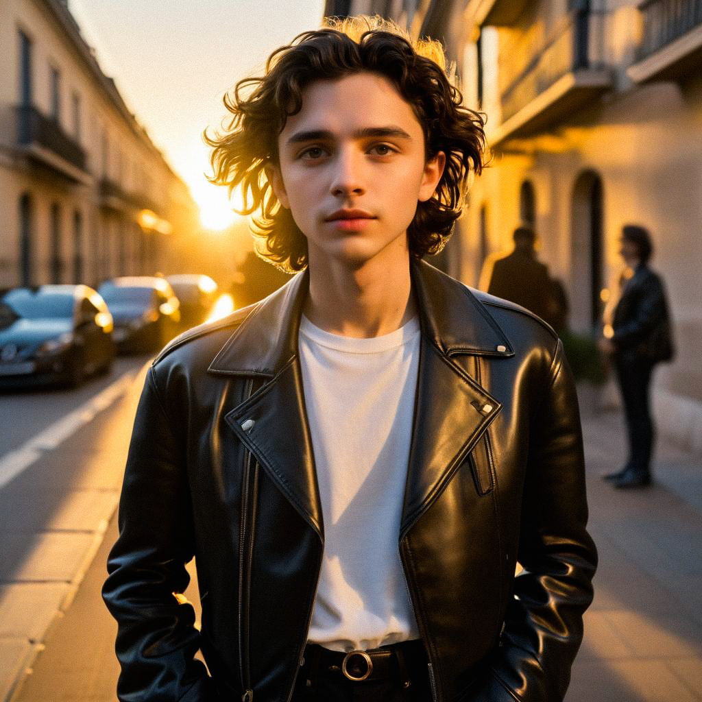 Confident Young Man in Leather Jacket on Sunlit Street