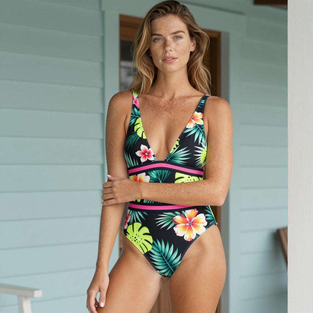 Woman in Tropical Floral One-Piece Swimsuit Posing Outdoors
