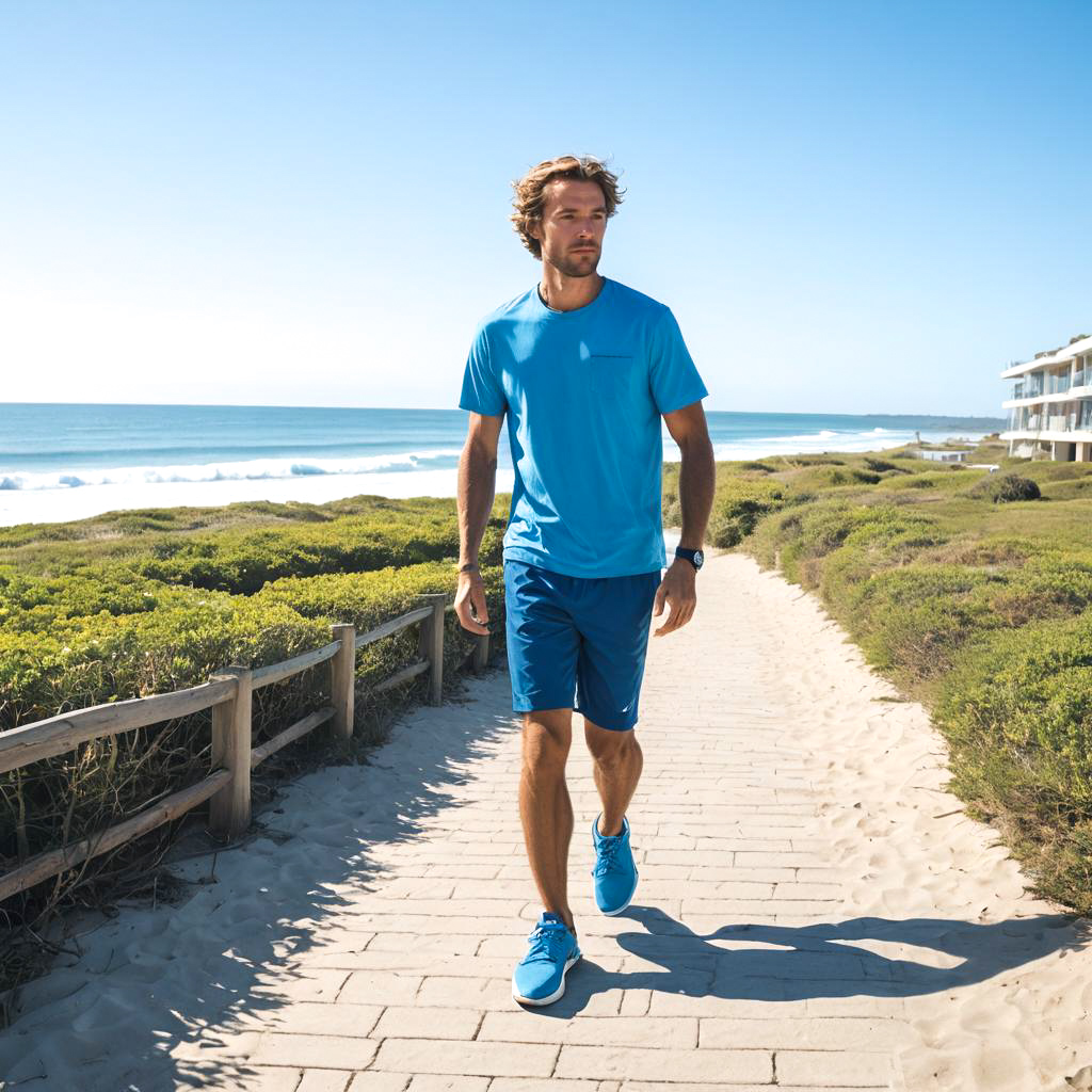 Man in Blue Athletic Outfit Walking by the Ocean