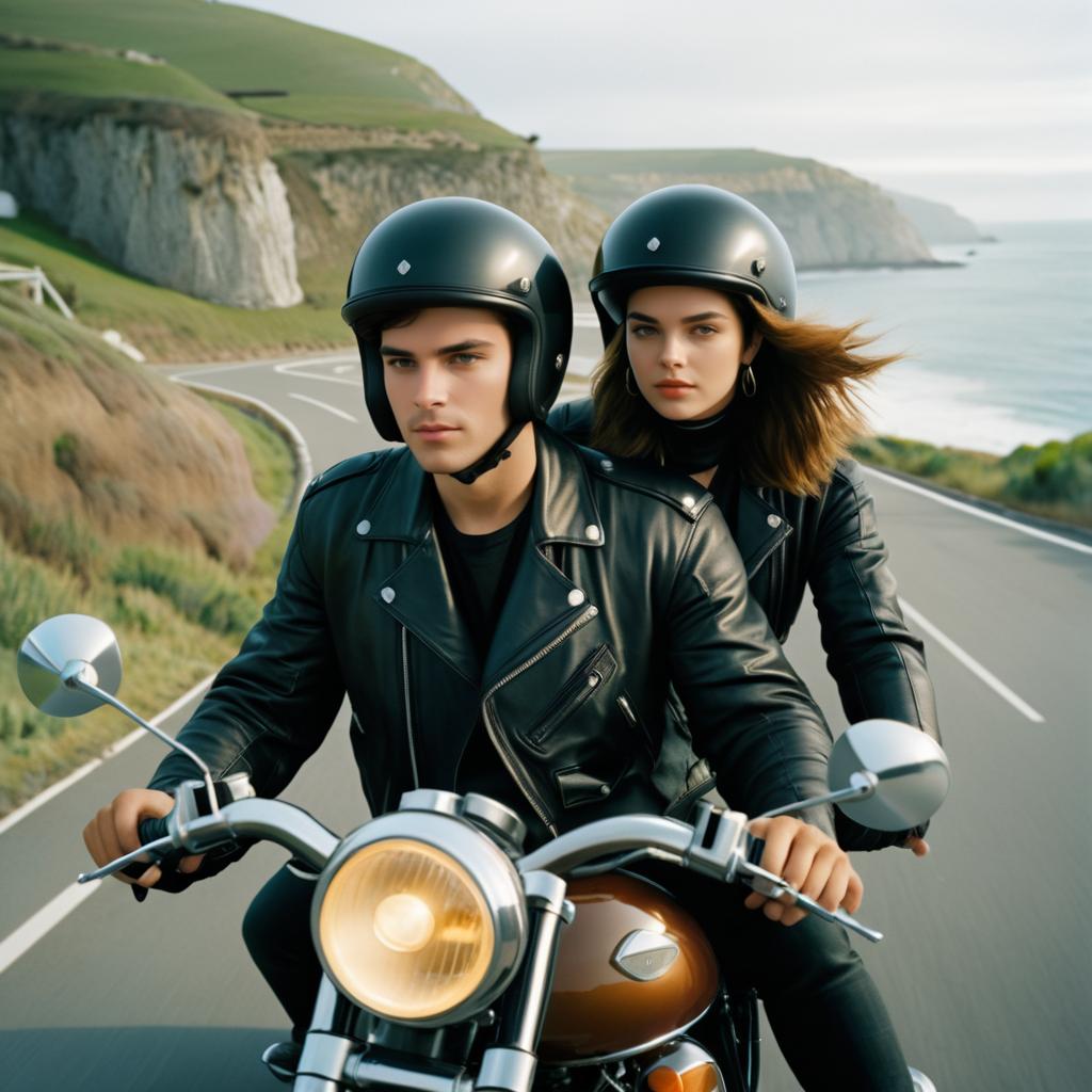 Stylish Couple on Retro Motorcycle by the Coast