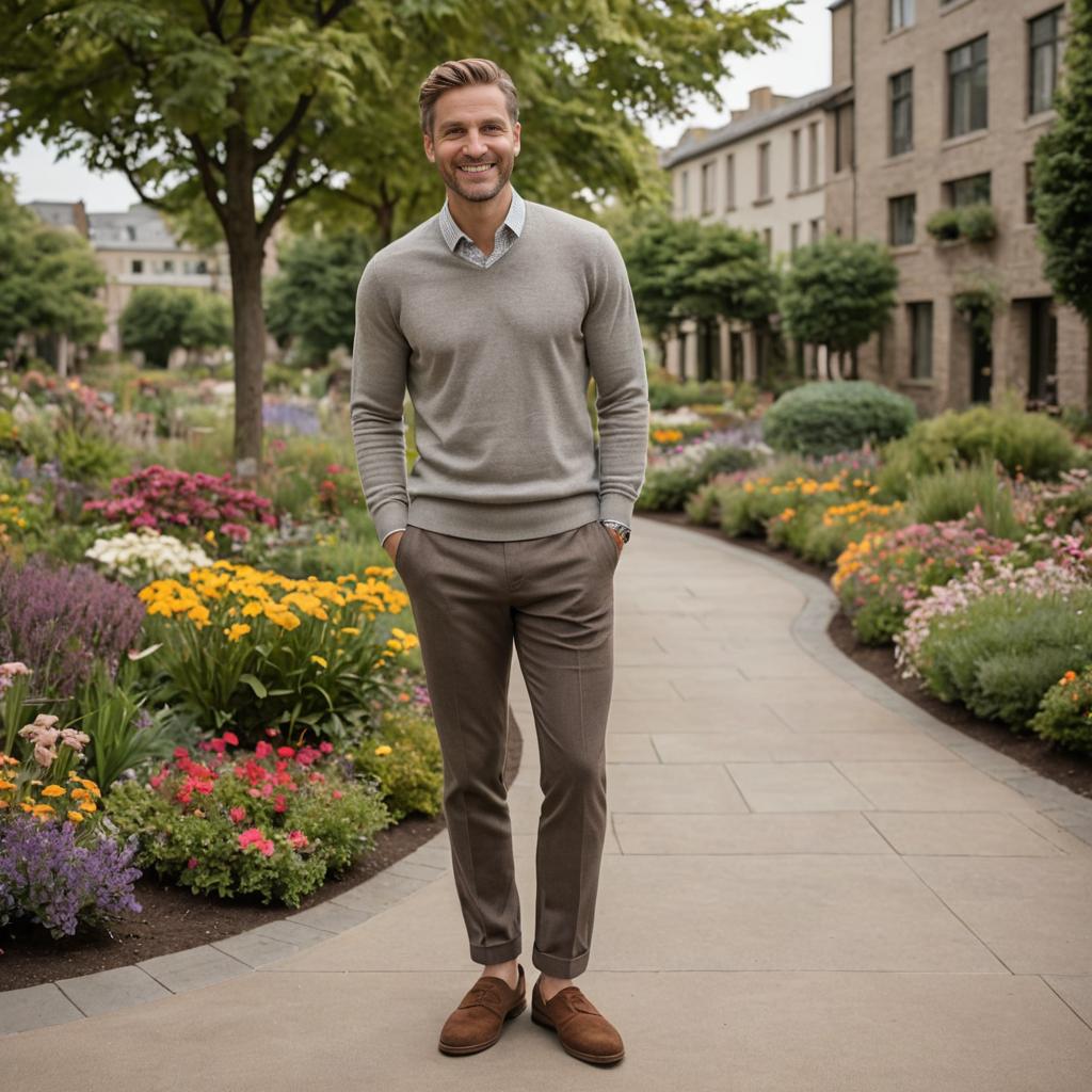 Smiling Man in Smart Casual Attire on Pathway