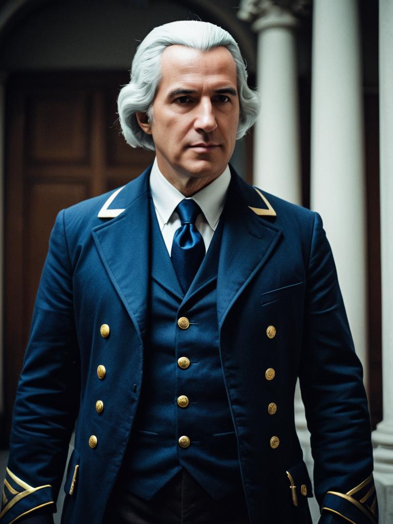 Man in Realistic Agent Washington Cosplay Costume with Navy Uniform and White Wig