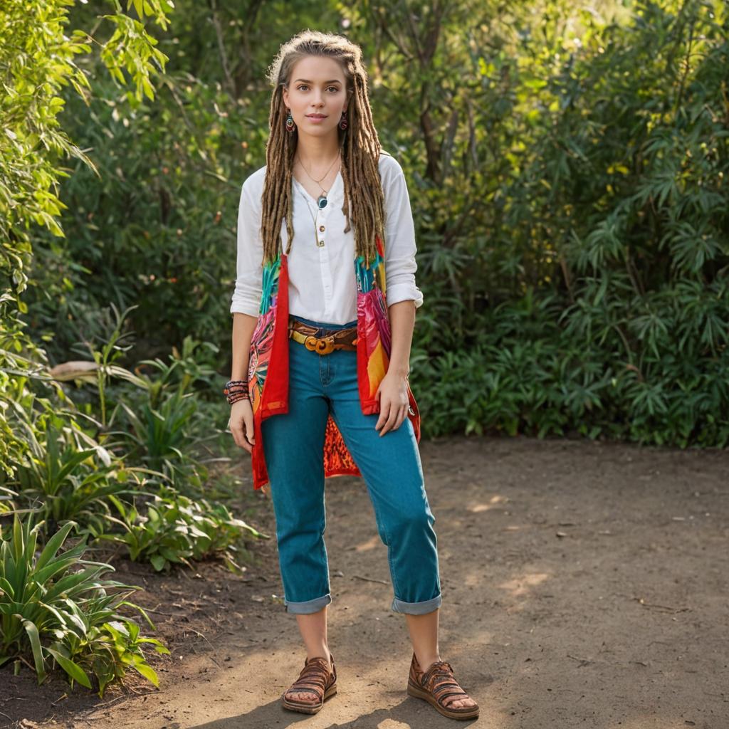 White woman with dreads in casual artistic outfit outdoors