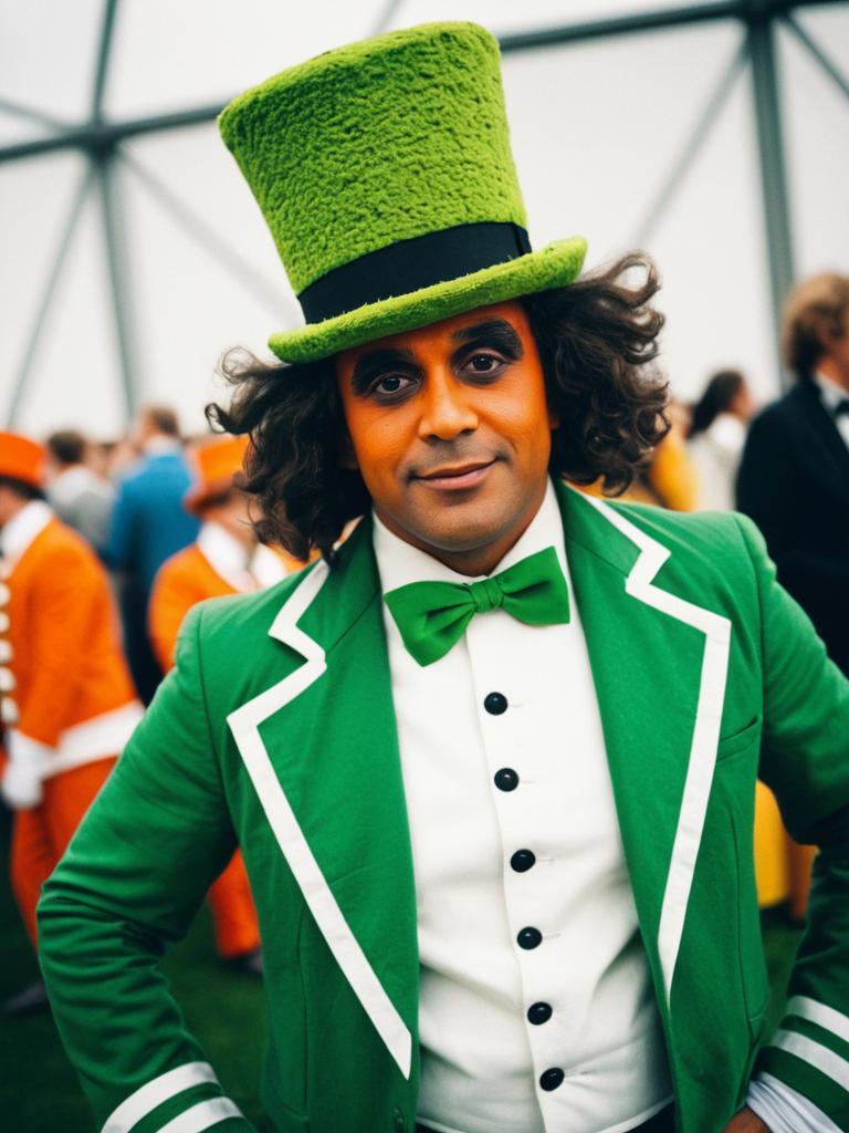 Man in Green Oompa Loompa Costume with Tall Hat and Bow Tie