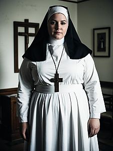 Plus Size Woman in Traditional Nun Outfit Wearing White Dress and Cross Necklace