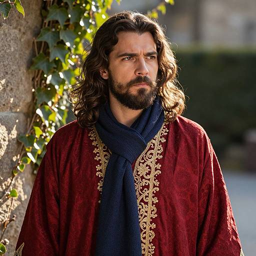 Man in Embroidered Red Robe and Blue Scarf Outdoor Portrait